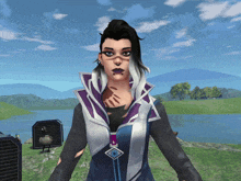 a computer generated image of a woman in a purple and white jacket