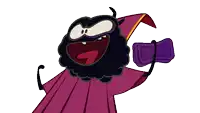 a cartoon character is wearing a purple cape and holding a purple box