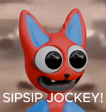 a cartoon cat with big eyes and the words sipsip jockey written below it