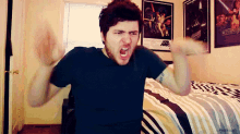 a man is screaming in front of a poster for the return of the jedi