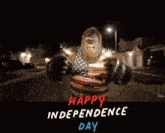 a gorilla wearing an american flag shirt is holding fireworks in his hands