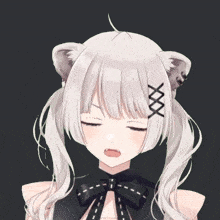 a close up of a girl with pigtails and a bow