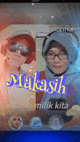 a man and a woman are standing next to each other with the words " makash cinta ini milik kita " on the bottom