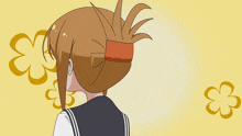 a girl with a anchor on her shirt is surrounded by three flowers