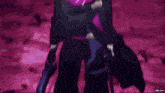 a purple and black anime character with a scarf around his neck and a purple background .