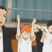 a group of cartoon characters are standing next to each other with their arms in the air .