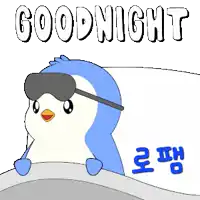a penguin wearing a sleep mask says goodnight in a foreign language