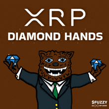 an advertisement for xrp diamond hands with a cartoon character in a suit and tie