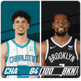 two basketball players one from charlotte and the other from brooklyn are standing next to each other