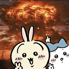 a cartoon of a rabbit and a cat standing in front of a huge explosion