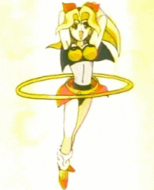 a cartoon character is spinning a hula hoop around her waist .