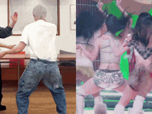 a man in a white shirt and blue jeans is dancing next to a group of women