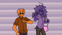 a cartoon of a man and a purple character with a pink bag
