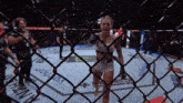 a woman in a boxing ring behind a chain link fence that says verchain on it