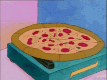 a cartoon pizza is sitting on top of a blue stove top