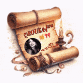 a scroll with a picture of a woman and the words " roukay " on it