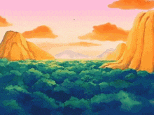 a painting of a landscape with mountains and trees in the foreground