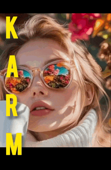 a woman wearing sunglasses with a reflection of flowers in them