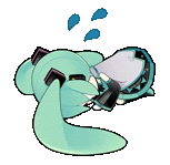 a sticker of hatsune miku laying on the floor with a cell phone .