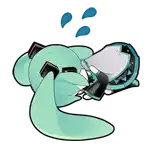 a sticker of hatsune miku laying on the floor with a cell phone .