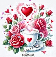 a cup of coffee is surrounded by red roses and hearts with a heart coming out of it