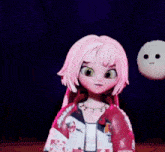 a cartoon girl with pink hair is making a face