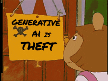 cartoon character looking at a sign that says generative ai is theft