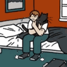 a cartoon of a man sitting on a bed with a black cat on his shoulders