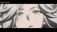 a close up of a woman 's face with the words " nods sama " below her