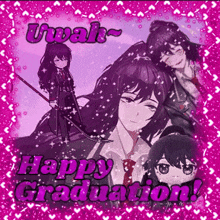 a happy graduation greeting card with a girl holding a scythe