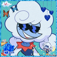a cartoon character wearing sunglasses is surrounded by butterflies and blue hearts