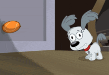 a cartoon dog is looking at a tennis ball that is flying in the air