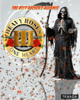 grim reaper holding a scythe in front of heavy roses iii one heart logo