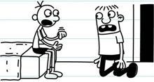 a diary of a wimpy kid drawing of a boy sitting on a box and a boy kneeling down .