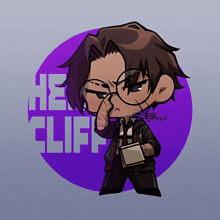 a cartoon drawing of a man with glasses and the words he cliff in the background