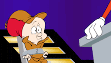 a cartoon character is tied up in a chair and looking at someone 's hand
