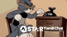 a cartoon of tom talking on a phone with a fbi logo on the phone