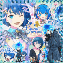 a collage of anime characters with the words good morning written in the middle
