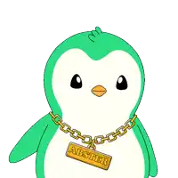 a green penguin wearing a gold chain around its neck has a tag that says abster