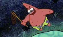 patrick star from spongebob squarepants is holding a butterfly net in his hands .