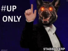 a man in a suit with a dog mask pointing up with the words #up only behind him