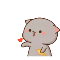 a cartoon cat is holding a fish and a heart is flying in the air