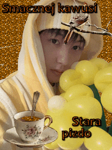 a picture of a man with a bird on his head and the words smacznej kawusi stara pizbo on the bottom
