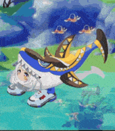 a girl in a shark costume is in the water .