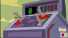 a cartoon drawing of three dinosaurs playing a game on a machine with a credit card on it