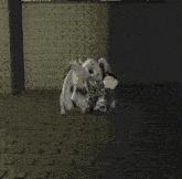 a cartoon character with wings is standing on a black tile floor in a dark room .