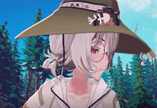 a girl with glasses and a hat that has a fish on it