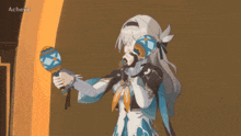 a cartoon girl is holding a microphone and a maracas