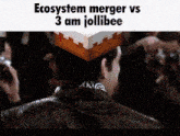 a man in a leather jacket looks over his shoulder with a minecraft block on his head that says ecosystem merger