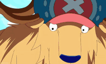 a close up of a cartoon character wearing a pink hat with an x on it